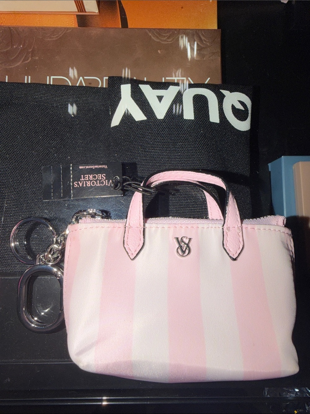 Victoria's Secret Pink and White Striped Mini Tote Keychain